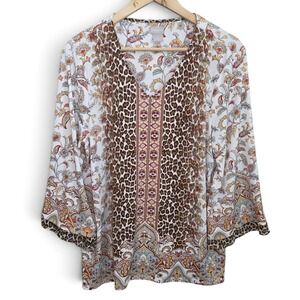 Chicos Top Womens 2 US Large Brown‎ Animal Print V Neck Blouse Bell Sleeve